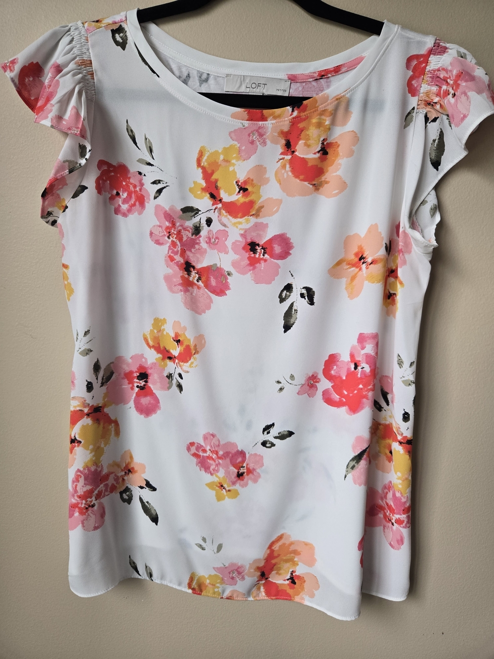 LOFT White Floral Ruffle Cap-Sleeve Blouse